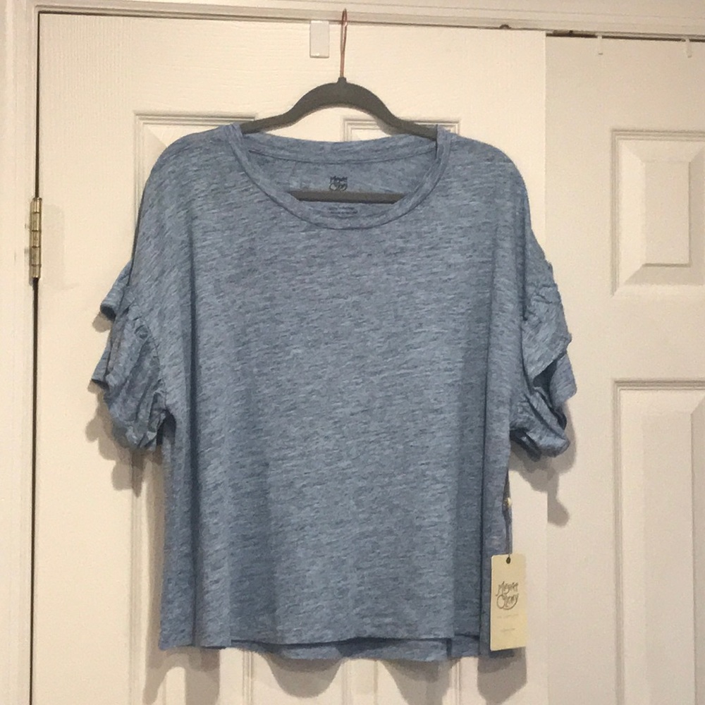Margaret O’Leary Cropped Ruffle T-Shirt in Blue.